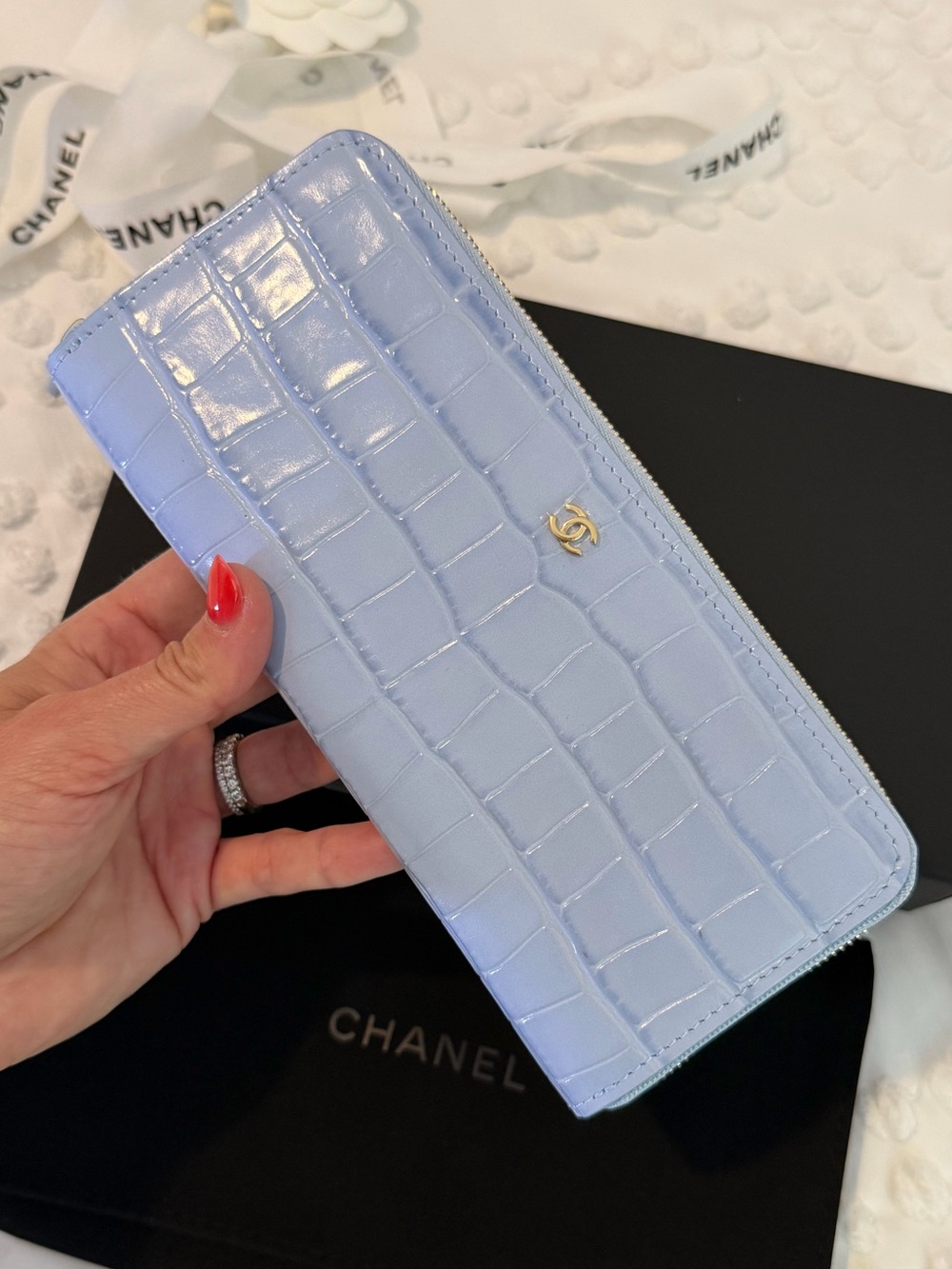 CHANEL Croc Embossed Zip Around Long Wallet Lilac Lavender Brand New with Box